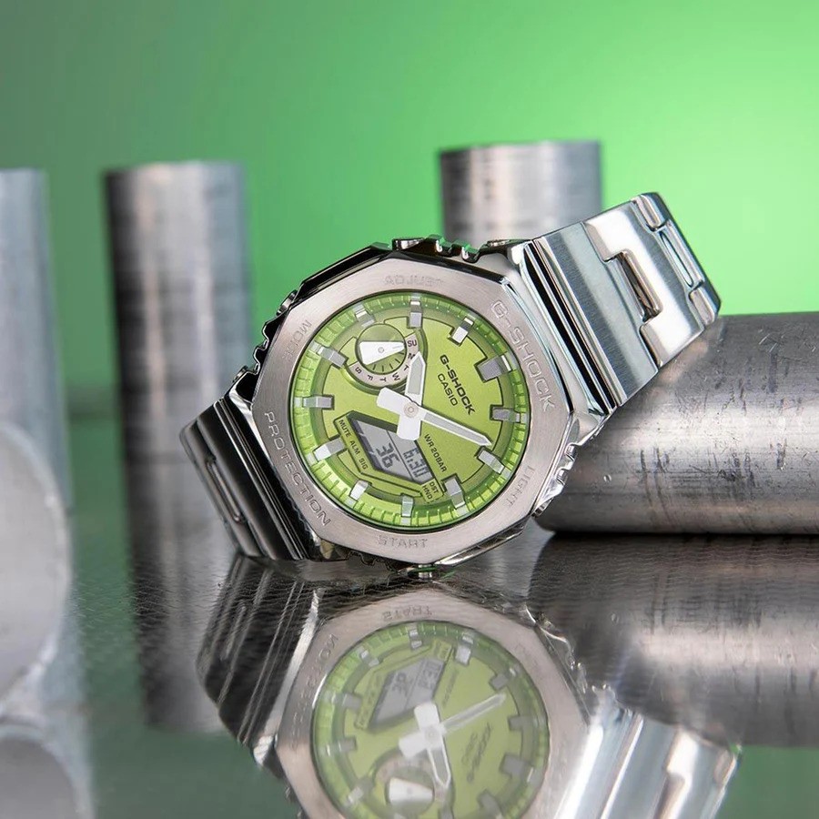 Casio G-Shock GM-2110D-3A CasiOak Full Metal Analog Digital Men's Watch (Lime Green & Silver) GM2110D-3A
