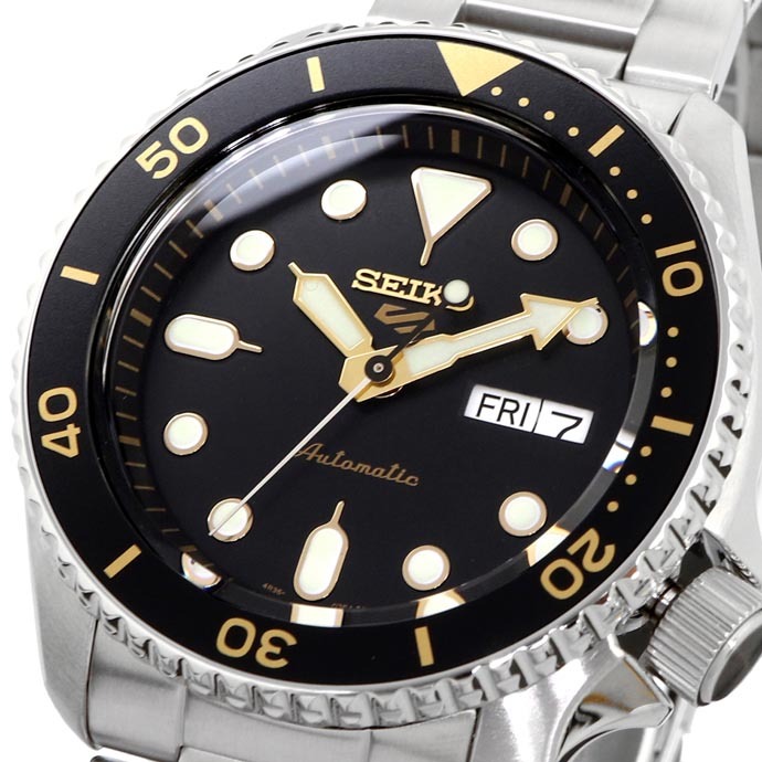 Seiko 5 Sports Automatic SRPD57K1 Sport Style 100M Men Watch (Black, Gold Accents)