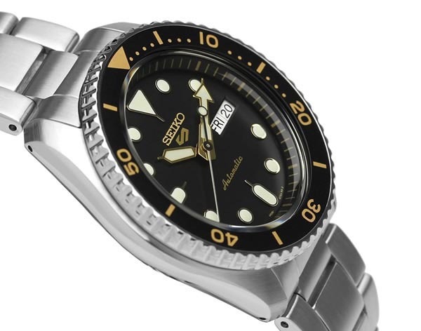 Seiko 5 Sports Automatic SRPD57K1 Sport Style 100M Men Watch (Black, Gold Accents)