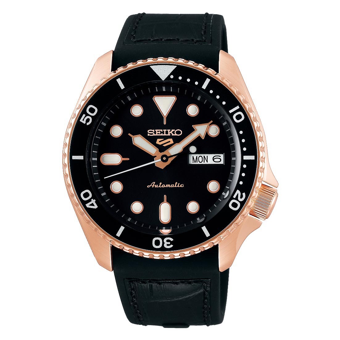 Seiko 5 Sports Automatic SRPD76K1 Men's Watch (Rose Gold & Black), Leather/Silicone Band
