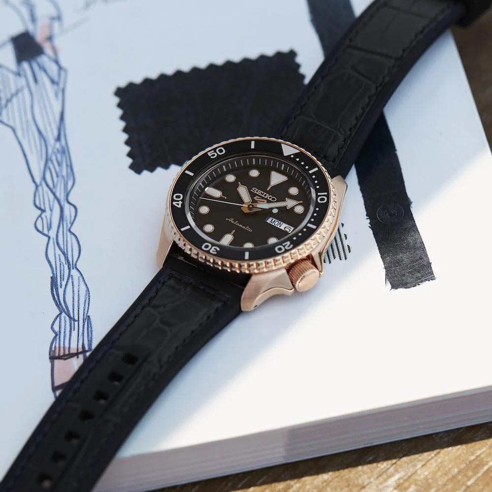 Seiko 5 Sports Automatic SRPD76K1 Men's Watch (Rose Gold & Black), Leather/Silicone Band