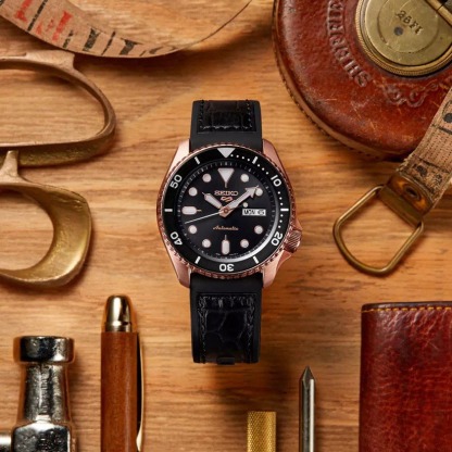 Seiko 5 Sports Automatic SRPD76K1 Men's Watch (Rose Gold & Black), Leather/Silicone Band