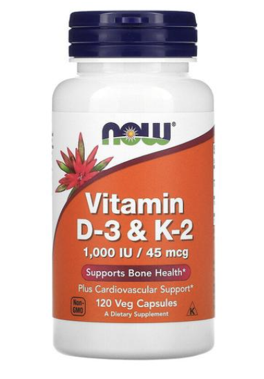 NOW Foods Vitamin D3 & K2 – 1000 IU / 45 mcg – 120 Veg Capsules