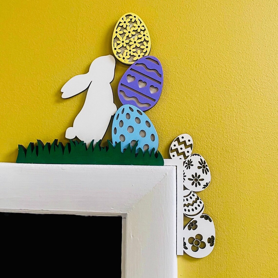 Easter door corner with bunny rabbit , painted eggs , and grass Left or right side available. Perfect touch of Easter decor / spring decor image 1