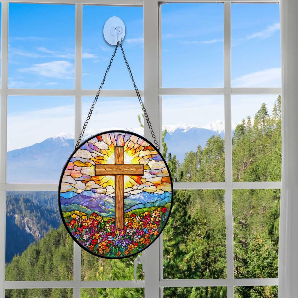 野花十字架仿彩色玻璃捕光器，野花十字架艺术装饰礼品，野花十字架窗户挂饰，基督教礼物图片 3