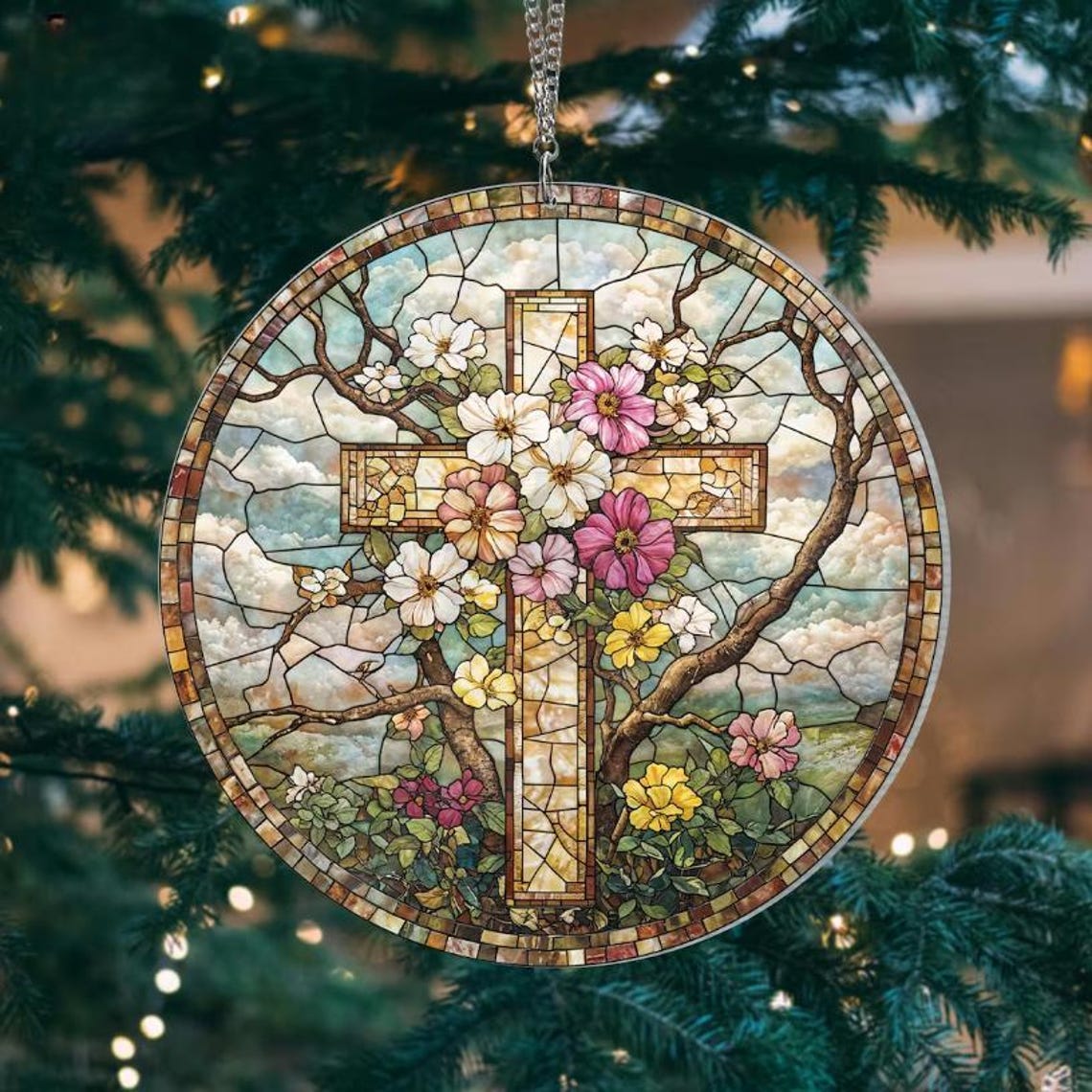 Cross and Wildflower Acrylic Suncatcher, Christian Window Hanging, Religious Gift, Faith Home Decor, Christian Wall Art, Spiritual Gift image 1