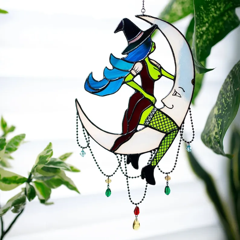 🌙Witch on Moon - Unique Stained Glass Home Decor✨