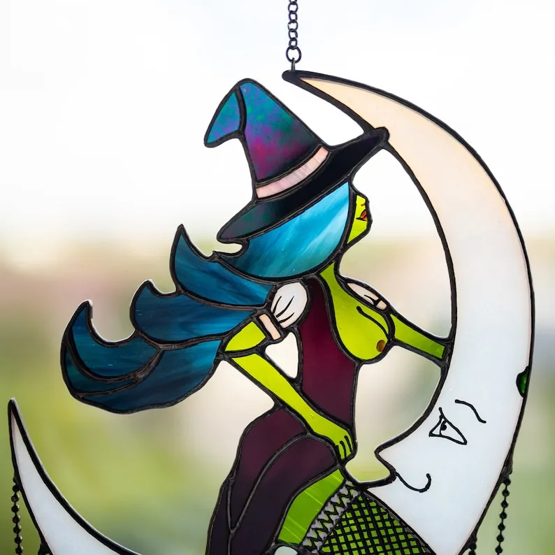 🌙Witch on Moon - Unique Stained Glass Home Decor✨
