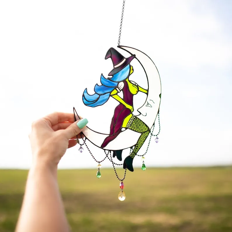 🌙Witch on Moon - Unique Stained Glass Home Decor✨