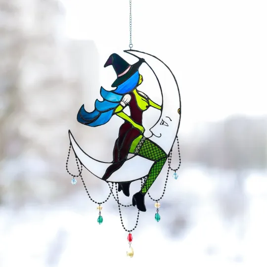 🌙Witch on Moon - Unique Stained Glass Home Decor✨