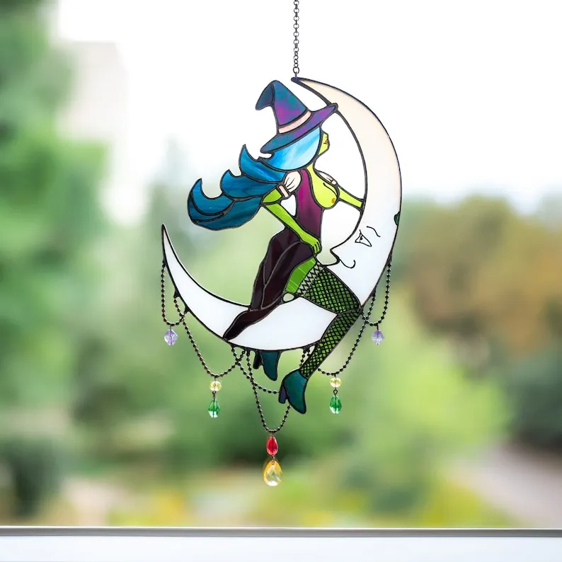 🌙Witch on Moon - Unique Stained Glass Home Decor✨