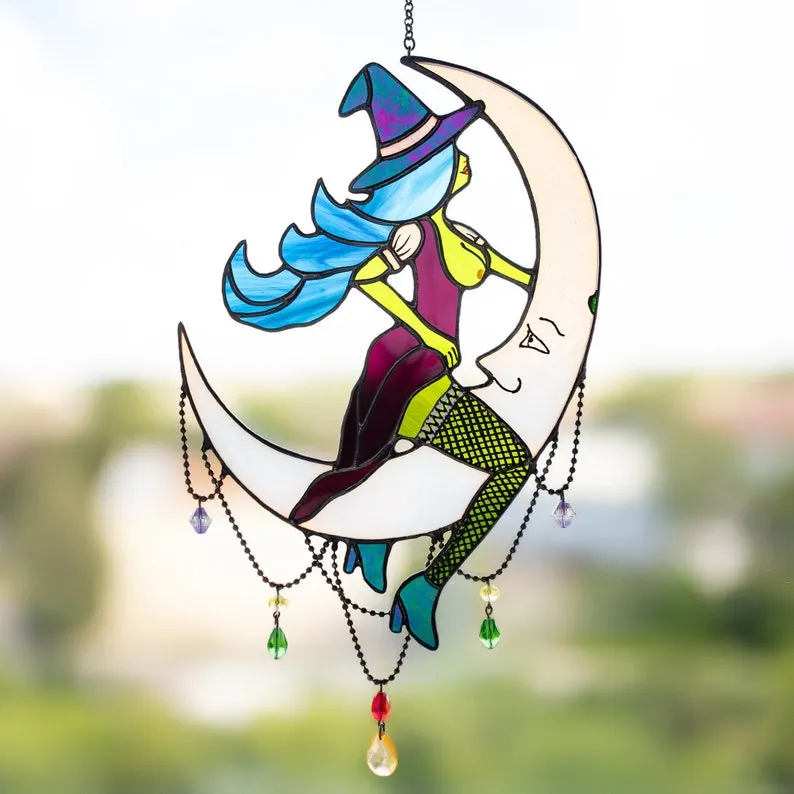 🌙Witch on Moon - Unique Stained Glass Home Decor✨