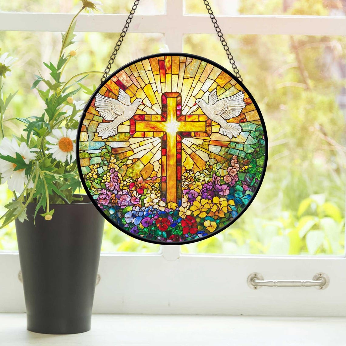 Wildflower Cross Faux Stained Glass Suncatcher, Wildflower Cross Art Decor Gift, Wildflower Cross Window Hanging Ornament, Christian Gift image 4
