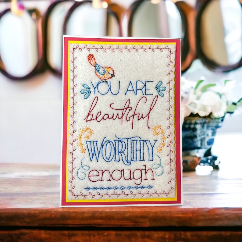 You are Beautiful, Inspirational Greeting Card, Mental Health, Uplifting Gift, Motivational Break up Note, Embroidered Encouragement image 3