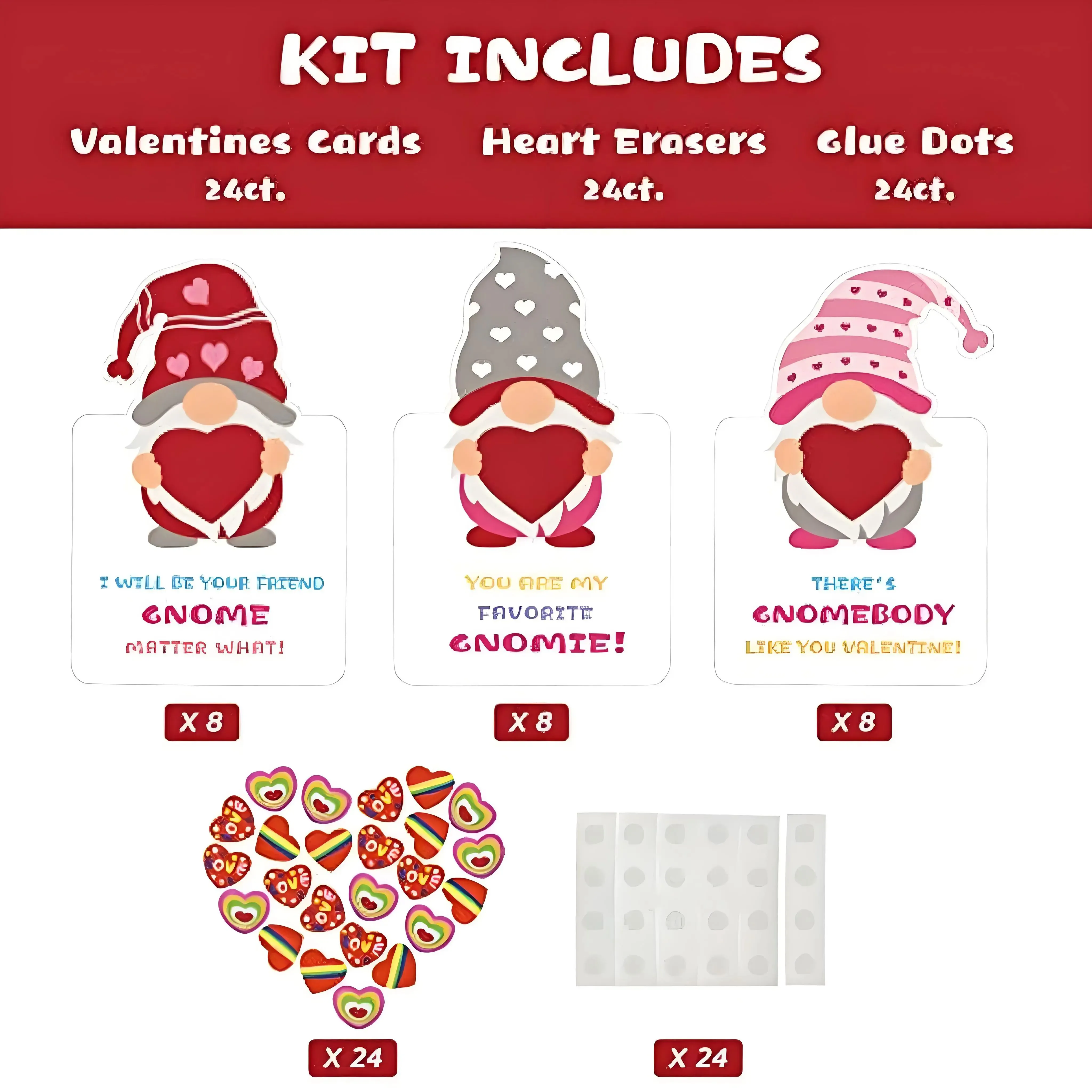 🎁24 Pack Gnomes Heart Erasers Valentine Card