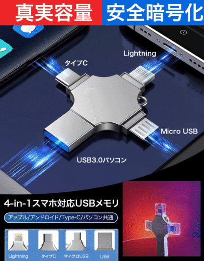 多機能メタルボディの4-in-1スマホ対応USBメモリ