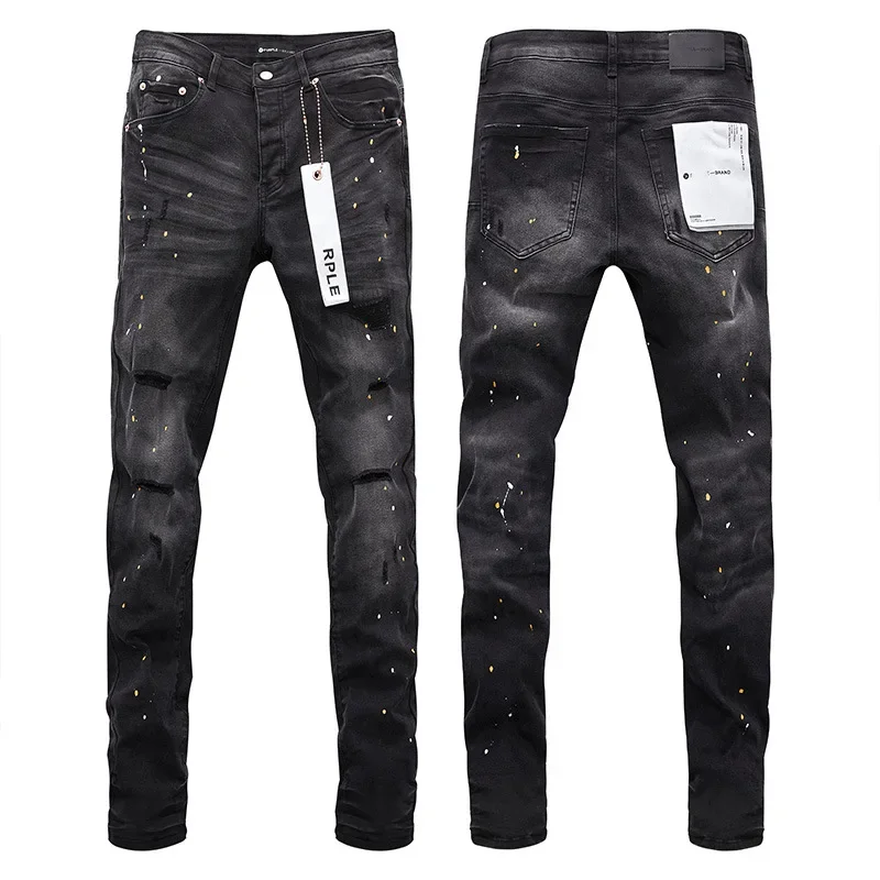 Jeans American High Street Ripped Ink Splashed Distressed Black Wash Stylish and slim pants