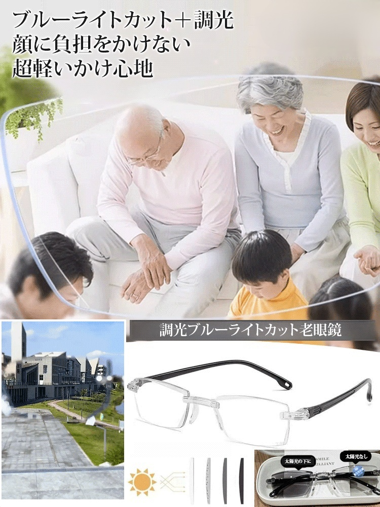 変色ブルーライト防止老眼メガネ 