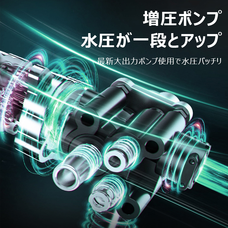 【バッテリー式高圧洗浄機】ターボ増圧、安定、多役、ノズル交換可能、フィルター付き