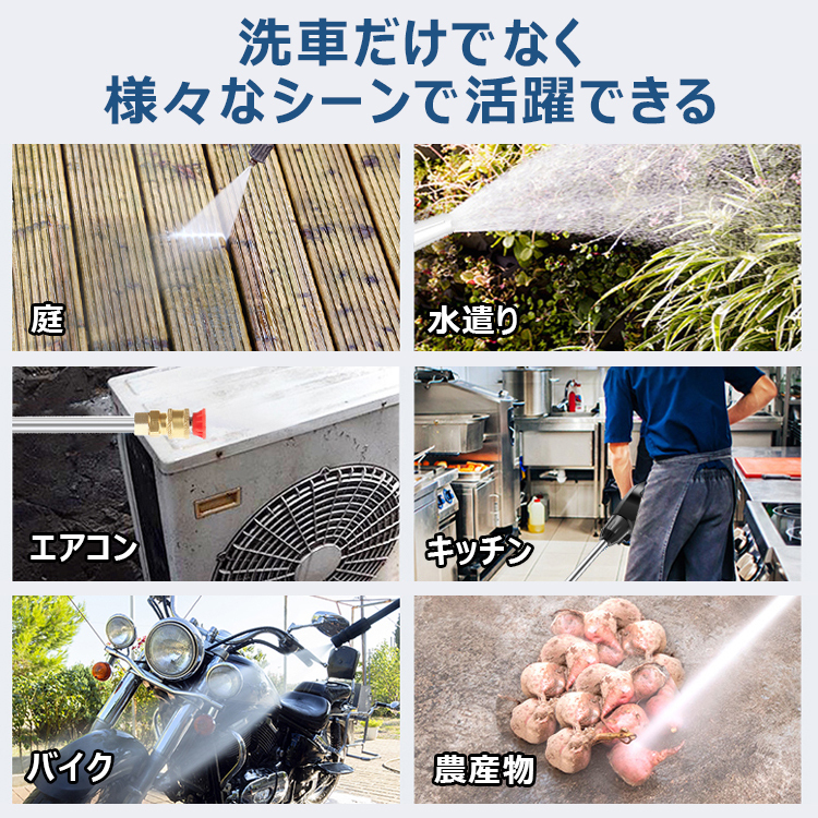 【バッテリー式高圧洗浄機】ターボ増圧、安定、多役、ノズル交換可能、フィルター付き