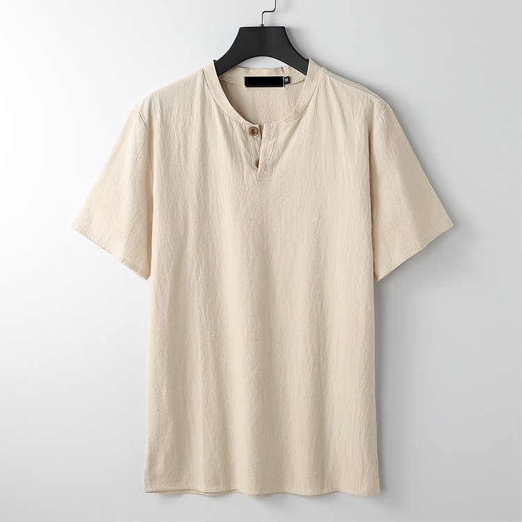 【リネンTシャッ】生地は麻100%を使用、ヘンリーネックでシンプルお洒落に!
