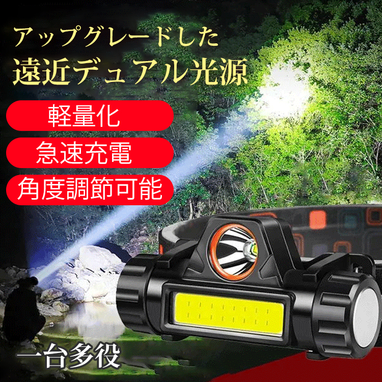 【ヘッドライト】デュアル光源、遠近両用可能、軽量化、急速充電、角度調節可能