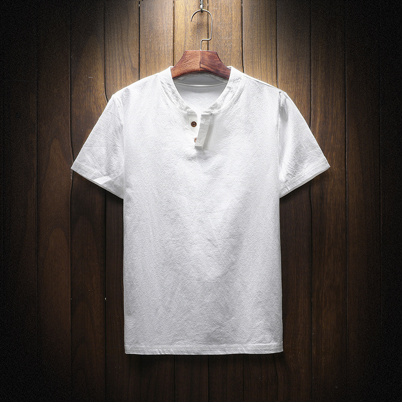 【リネンTシャッ】生地は麻100%を使用、ヘンリーネックでシンプルお洒落に!