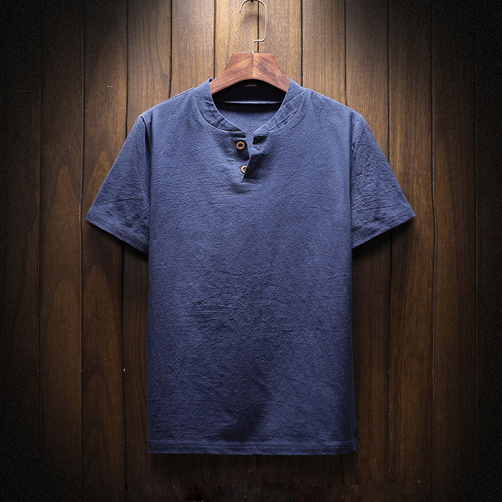【リネンTシャッ】生地は麻100%を使用、ヘンリーネックでシンプルお洒落に!