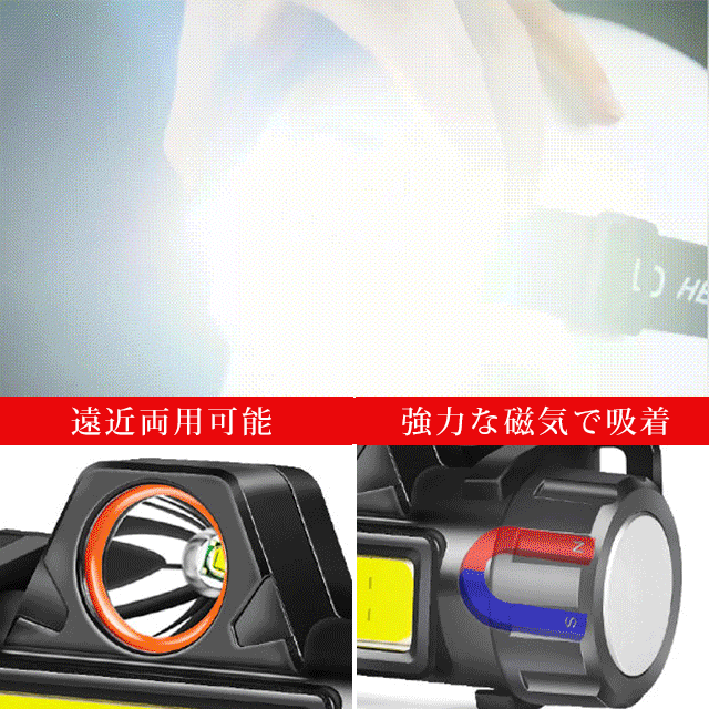【ヘッドライト】デュアル光源、遠近両用可能、軽量化、急速充電、角度調節可能