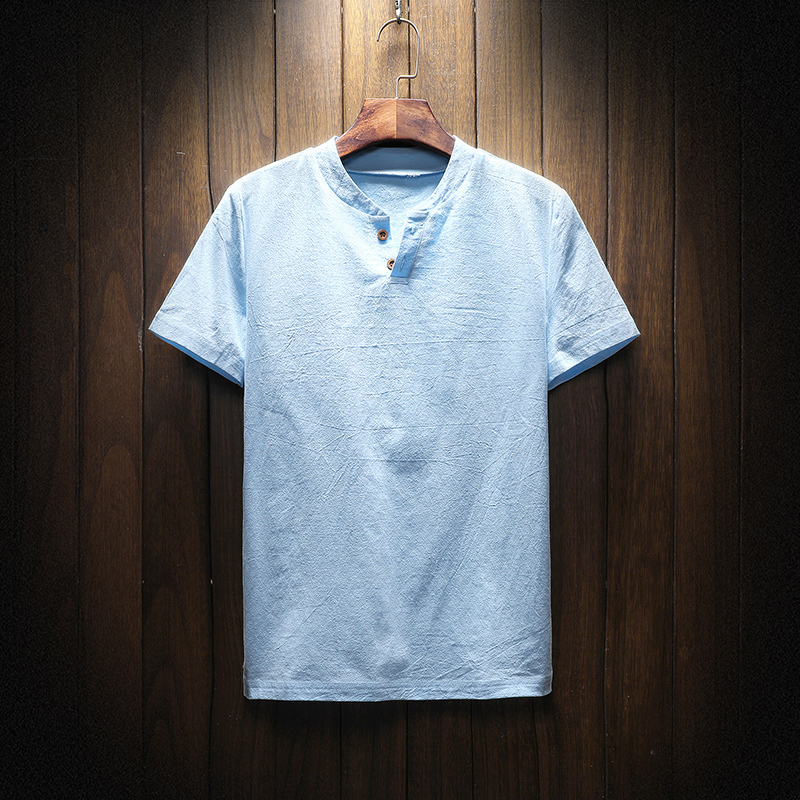 【リネンTシャッ】生地は麻100%を使用、ヘンリーネックでシンプルお洒落に!