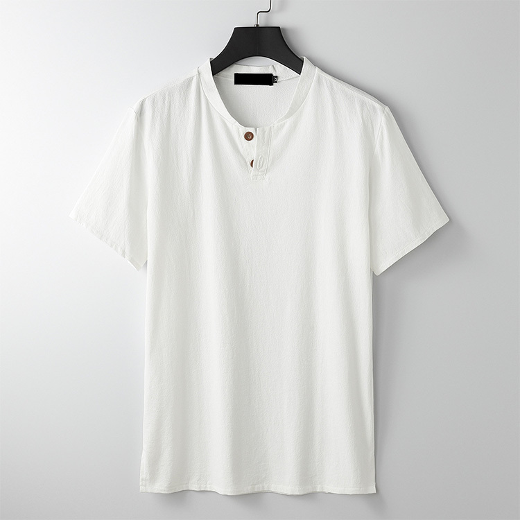 【リネンTシャッ】生地は麻100%を使用、ヘンリーネックでシンプルお洒落に!