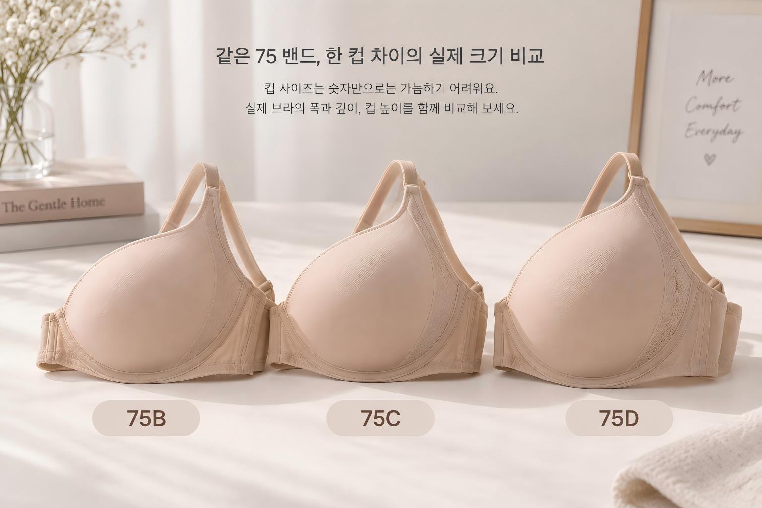 같은 75 밴드의 B컵 C컵 D컵 브라 실제 크기 차이 비교