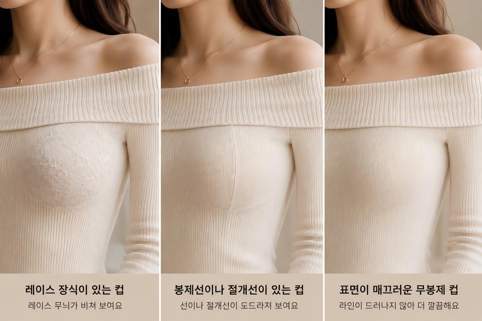 레이스 컵과 절개선 컵, 매끈한 몰드컵이 니트 위로 드러나는 정도 비교