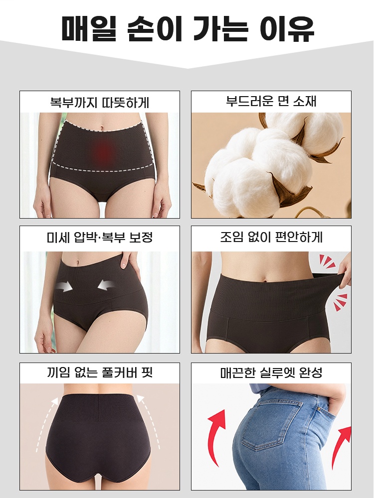 복부 보정과 신축성 및 풀커버 핏을 설명하는 하이웨스트 팬티 기능 이미지 VEIMIA