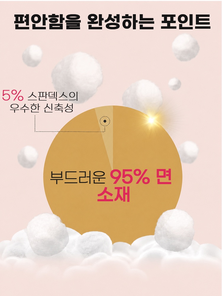95% 면과 5% 스판덱스 소재 구성을 설명하는 원단 안내 이미지 VEIMIA