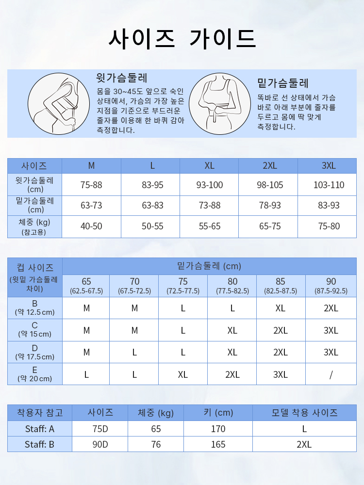 처짐가슴 자세 교정 통기성 브라 사이즈 가이드 VEIMIA  