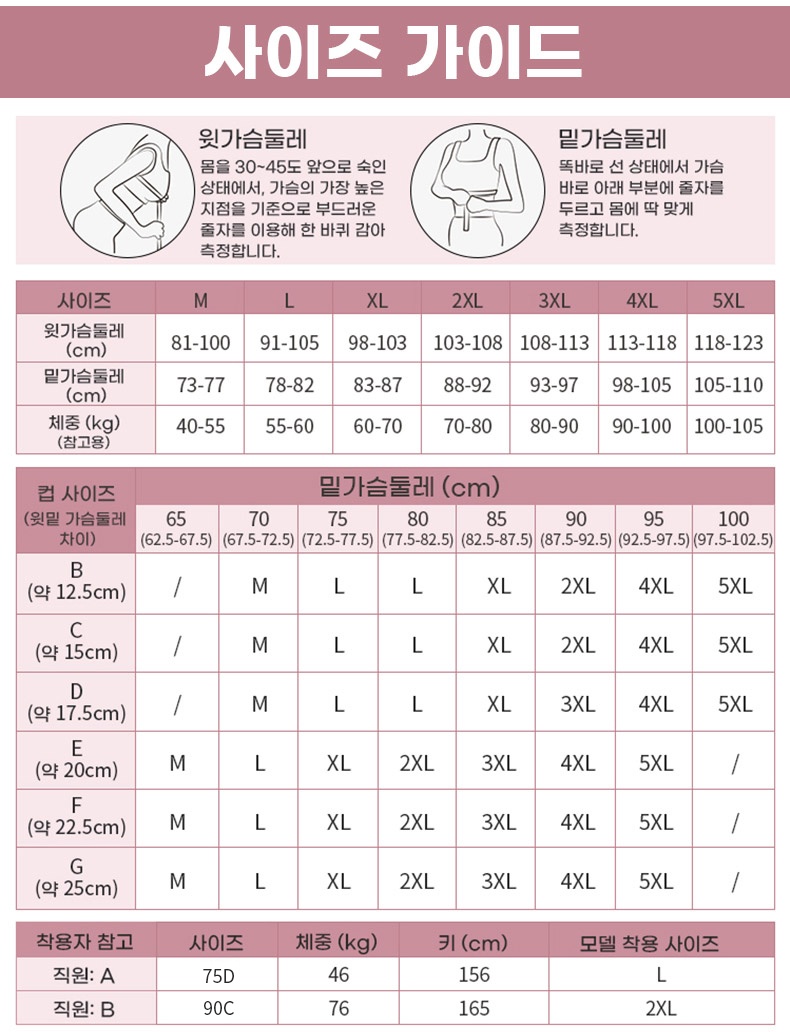 편안한 사이드 리프팅 밴드 브라 사이즈 가이드 VEIMIA 베이미아
