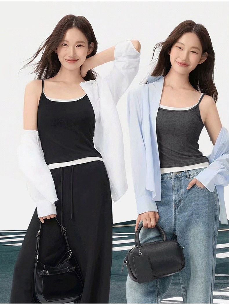 더블 어깨끈 투인원 레이어드 나시 모델 착용 이미지 VEIMIA 베이미아