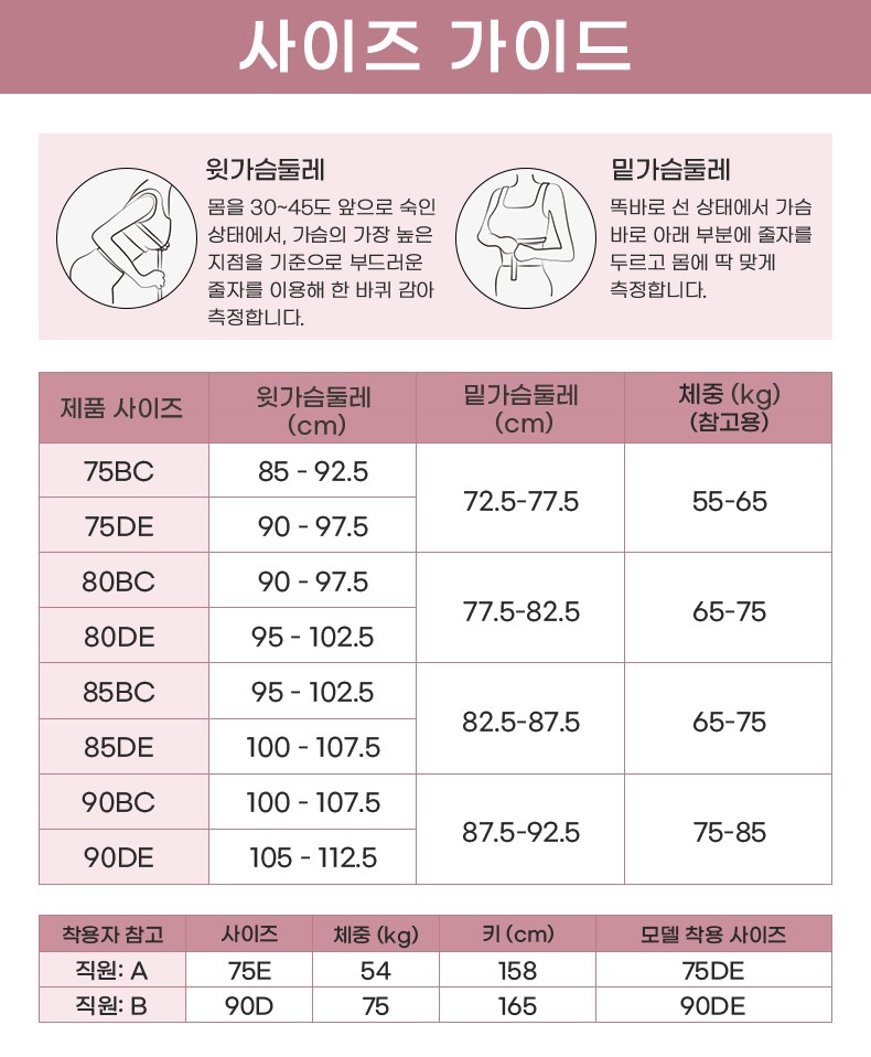 소프트 와이어 처짐 방지 레이스 브라 사이즈 가이드 VEIMIA 베이미아