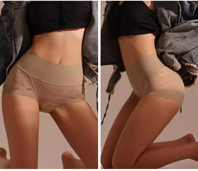 레이스 하이웨이스트 실크 팬티 모델 착용 베이지 VEIMIA