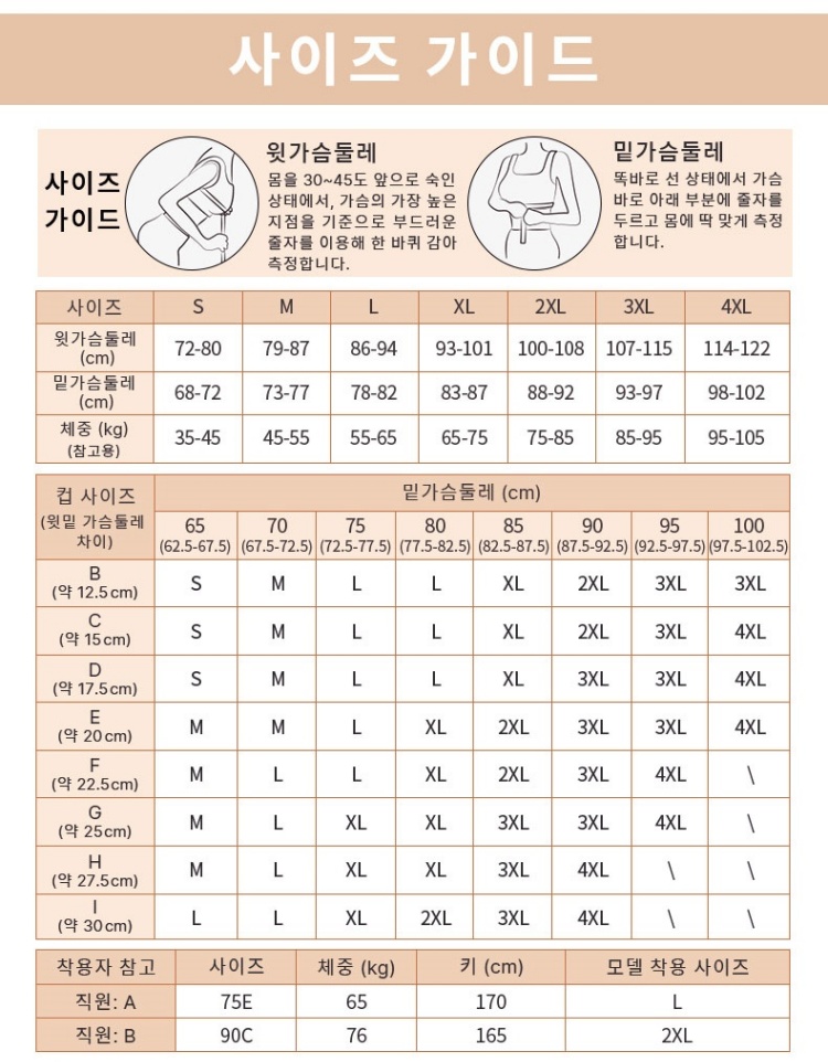 상체 슬림 효과 숄더패드 브라 사이즈 가이드 VEIMIA 베이미아