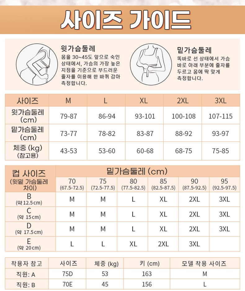1초 만에 착용 가능한 앞지퍼 브라 사이즈 가이드 VEIMIA 베이미아