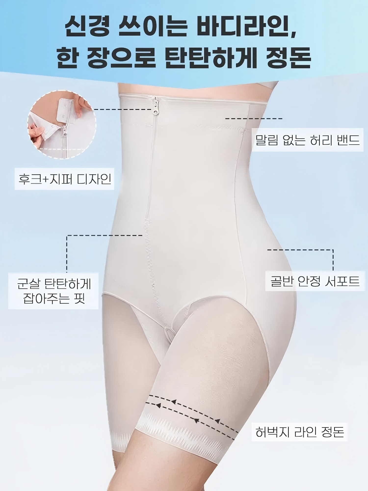 베이지 쿨링 보정속옷의 허리 밴드와 골반 서포트 디테일 설명 이미지