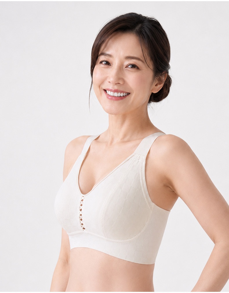 가벼운 체커 패턴 미니마이저 브라 모델 착용 이미지 화이트 VEIMIA 베이미아