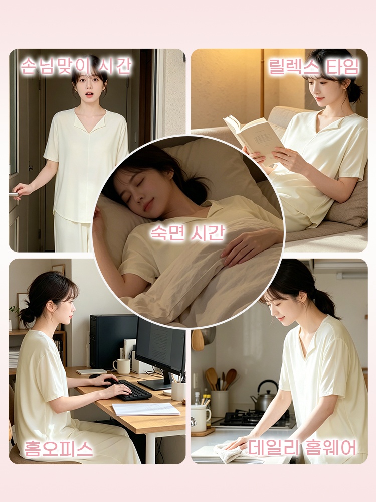 쿨링 모달 소재 홈웨어 세트 착용 장면 VEIMIA 베이미아