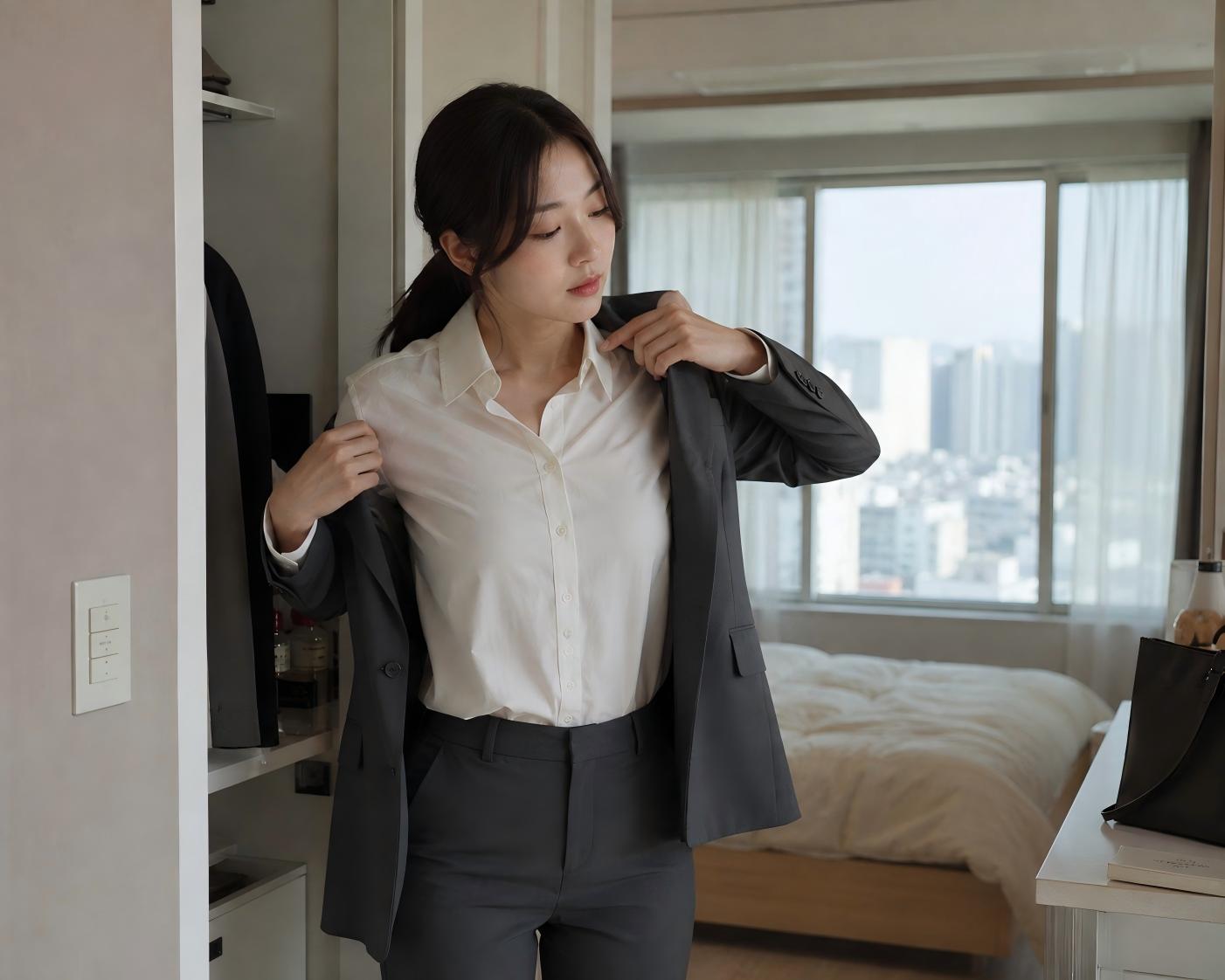 아침 출근 준비를 하며 셔츠와 재킷을 입는 직장인 여성