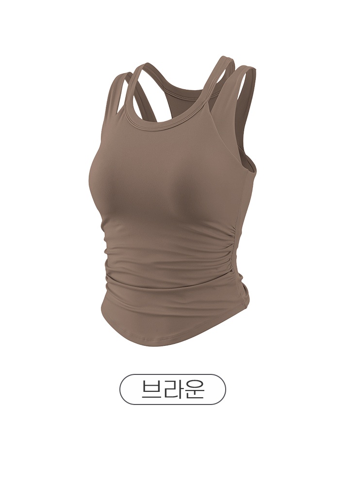 브라운 더블 스트랩과 사이드 셔링이 보이는 스포츠 브라탑 정면 제품 이미지 VEIMIA