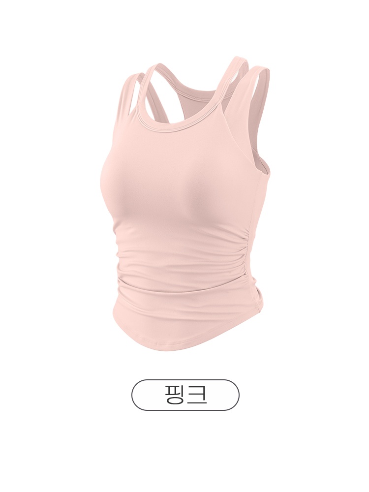 핑크 더블 스트랩과 사이드 셔링이 보이는 스포츠 브라탑 정면 제품 이미지 VEIMIA
