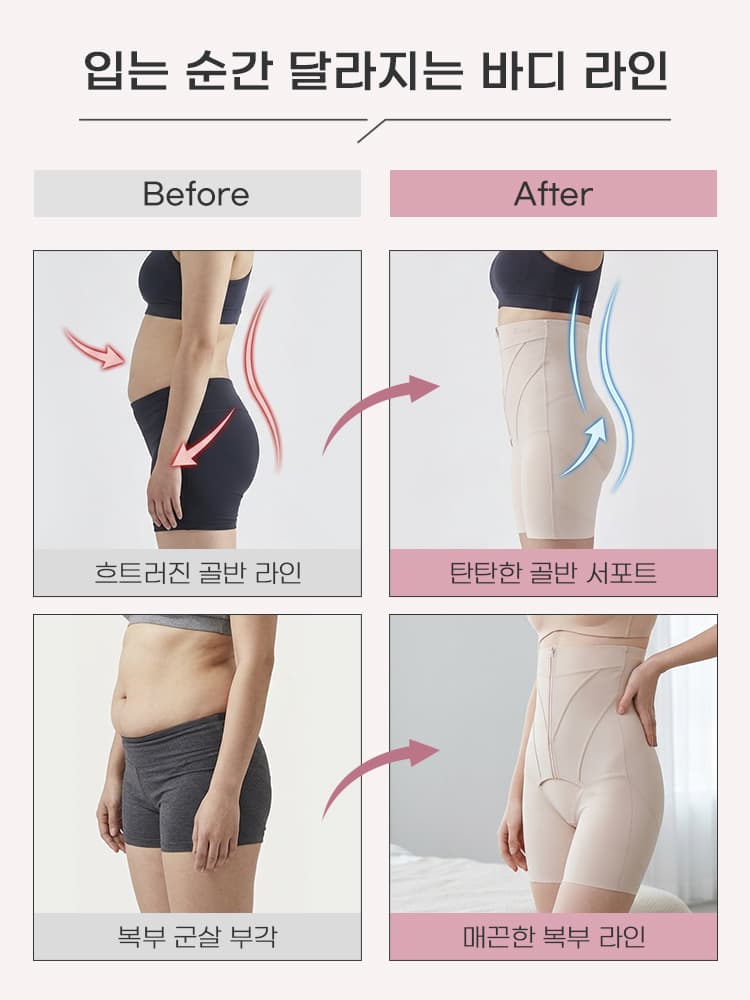 보정 거들 착용 전후 골반과 복부 라인 변화를 보여주는 비교 이미지 VEIMIA