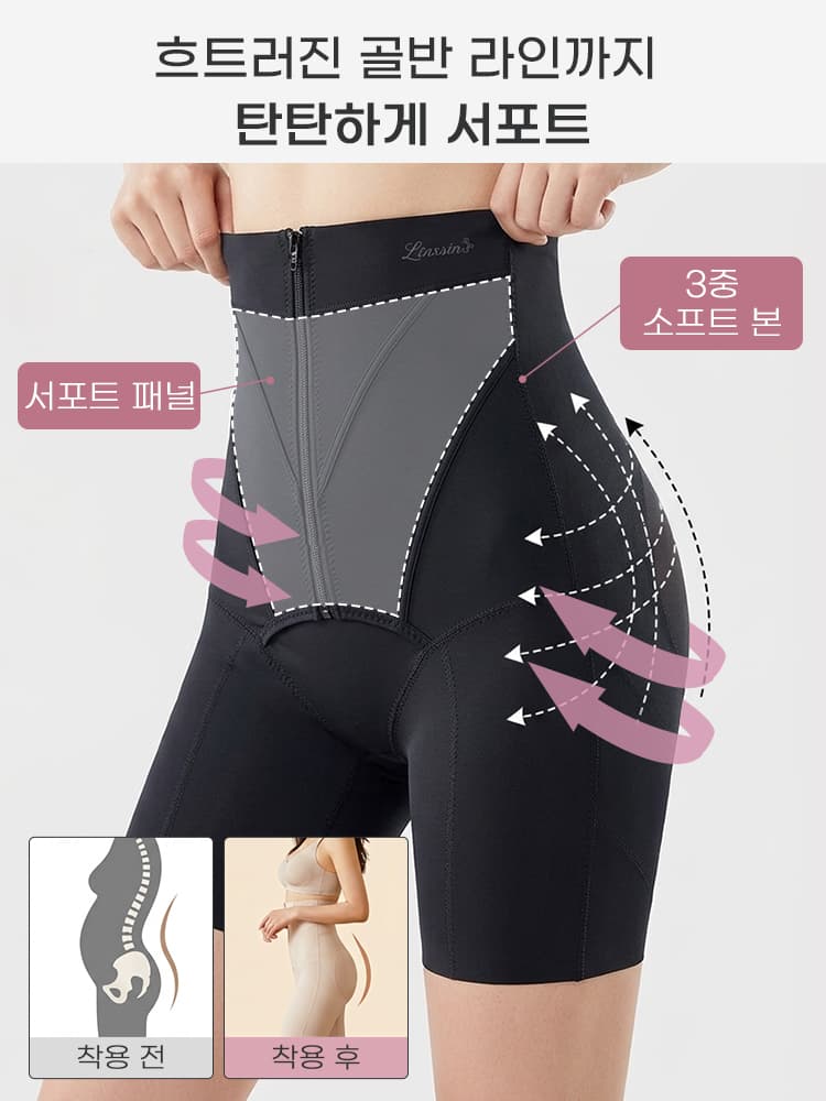 앞지퍼 보정 거들의 서포트 패널과 소프트 본 구조를 보여주는 기능 안내 이미지 VEIMIA